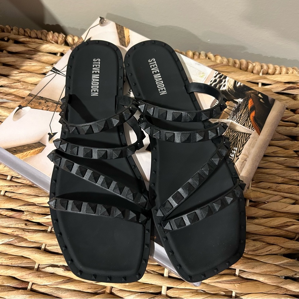 Steve Madden Skyler-J Black Studded Strappy Slip On Square Toe Flat Sandals